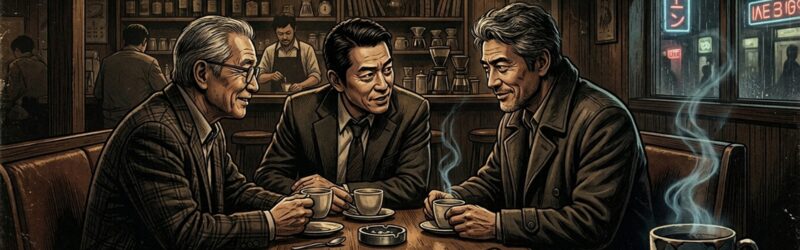男性3人が喫茶店でコーヒーを飲みながら怪談をしているイラスト