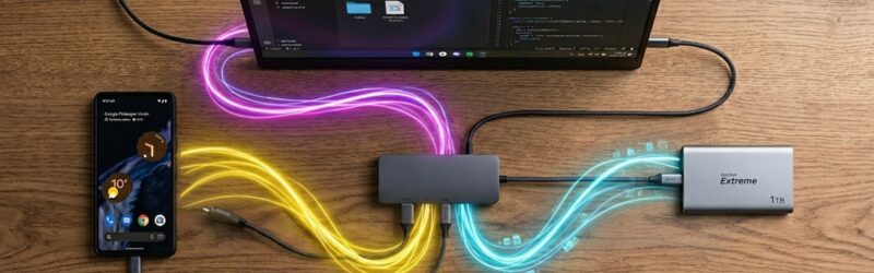 充電やデータ転送、映像転送をしている光の線が各デバイス間をつなぐケーブルのように輝いている。