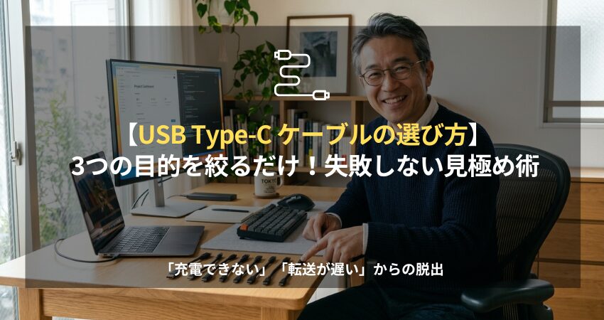 USB Type-Cケーブルの選び方を解説する50代日本人男性と、整理されたデスク環境。失敗しないための充電・データ転送・映像出力の見極めポイントを象徴するイメージ。