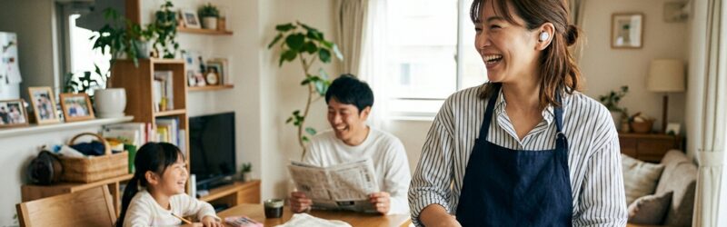 家事の合間にワイヤレスイヤホンを装着し、家族と会話しながら笑顔で作業する女性