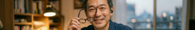 つらい眼精疲労や見にくい老眼から解放されてオーディブルを楽しんでいる男性