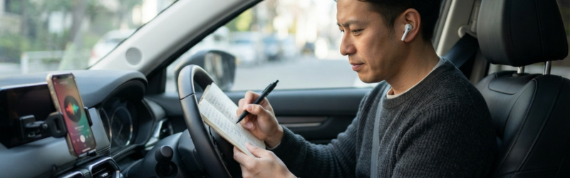 車内で待ち時間中にスマホとAudibleで企業研究メモを取る男性