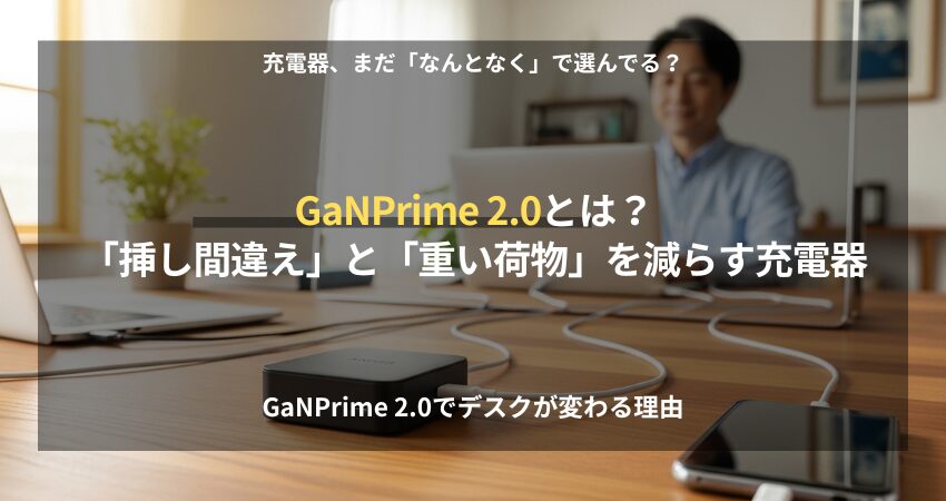 デスクでノートPCとスマホを同時に充電する小型のGaNPrime 2.0充電器と、リラックスして作業する在宅ワーカーの日本人男性。
