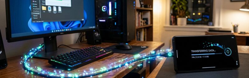 スマホとPCを接続し、ケーブルを通してデータの送信を行っているイメージ