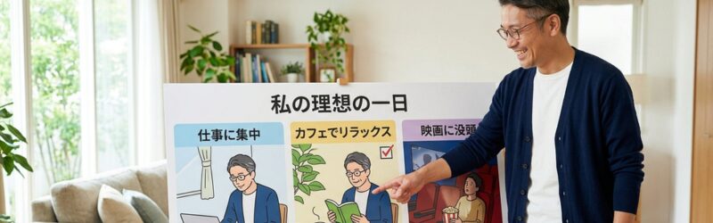 「集中して仕事」「カフェでリラックス」「映画に没頭」という3つの異なるシーンが描かれたパネルを前に、楽しそうに指を差して「自分の正解」を選んでいる男性