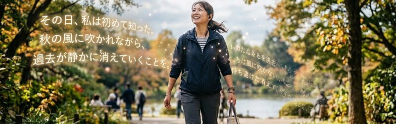 散歩しながらAudibleで読書を楽しむ、晴れやかな笑顔の女性。歩きながらアイデアが湧いている知的で活動的な様子。