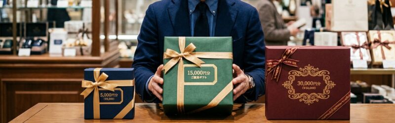 3つの異なるサイズの高級感のあるギフトボックス（5,000円、15,000円、30,000円を象徴）が並んでいる