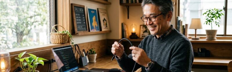 男性が、しなやかなシリコンケーブルを指で軽く曲げながら、その柔らかさに満足そうに微笑んでいる。