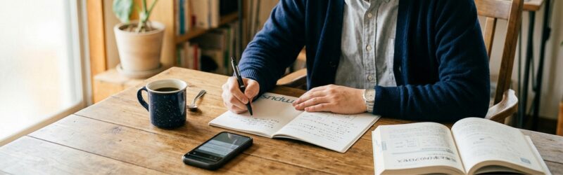 苦笑いしながらメモを取る日本人男性。Audibleの弱点を工夫で補い、前向きに試行錯誤を楽しんでいる様子。