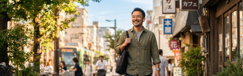 散歩をしながらオーディブルで読書をする男性
