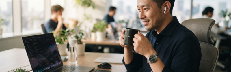 デスクでコーヒーを飲みながら仕事開始前の15分でAudibleを聴く男性