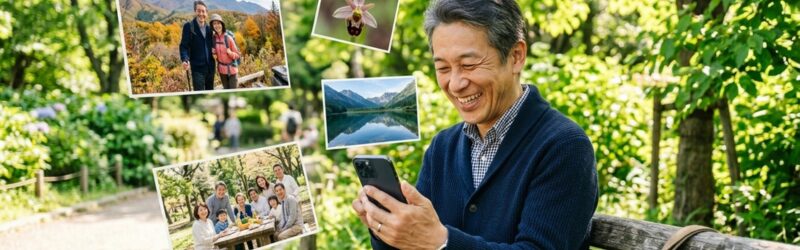 晴れた日の公園のベンチで、スマートフォンの画面を嬉しそうに眺めながら、本当に楽しそうに笑っている男性