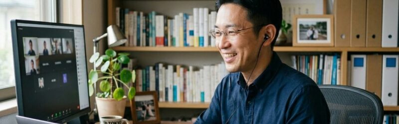有線イヤホンのマイクで、パソコン画面に向かって自信を持ってハキハキと話している男性。