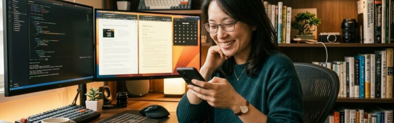 スマートフォンを片手に、満足そうな笑顔でカメラ目線を向けている女性。