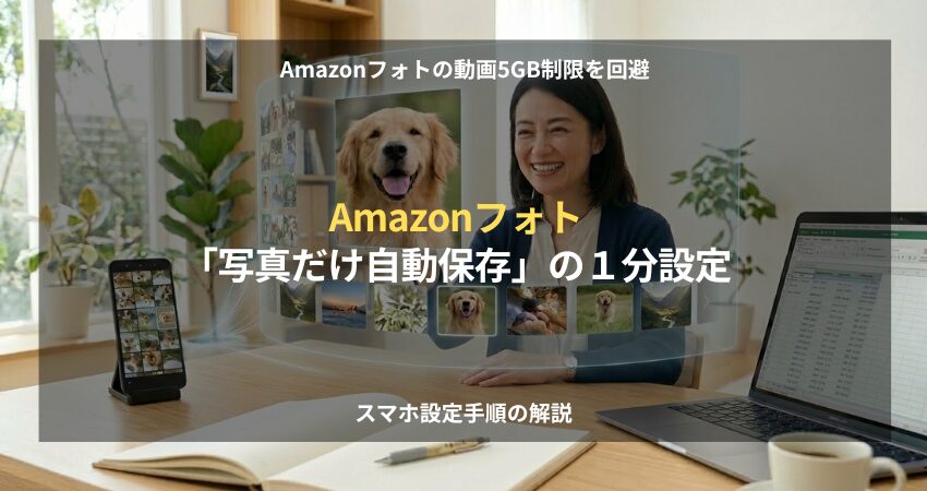 Amazonフォトの動画5GB制限を回避するために写真だけを自動保存するスマホ設定手順の解説イメージ