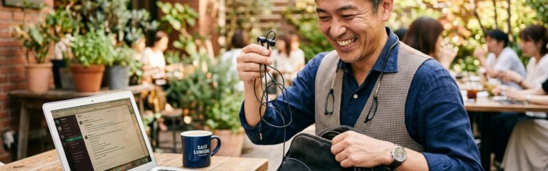予備の有線イヤホンを見つけて「よかった」と明るく微笑んでいる瞬間