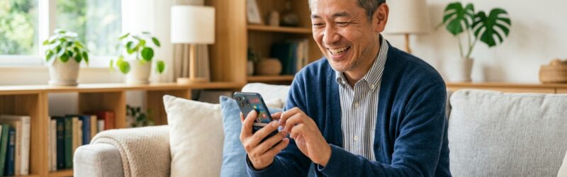 ソファに座り、スマートフォンを両手で持ちながら、にこやかな笑顔で画面を操作している男性。