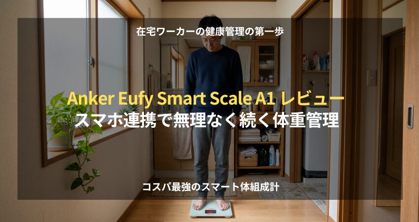 体重計（Anker Eufy Smart Scale A1）に乗って静かに足元を見つめる在宅ワーカーの男性。自宅でのリアルな測定風景。