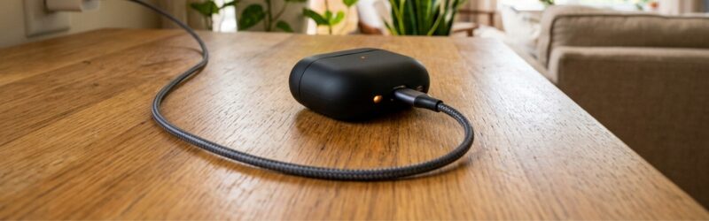 充電のためリビングのテーブルの上に忘れられてワイヤレスイヤホン