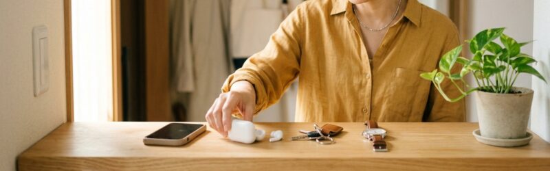 スマホのすぐ隣にワイヤレスイヤホンが寄り添うように置かれている。その横には家の鍵や腕時計も並んでおり、外出時のルーチンが自然に成立している様子。