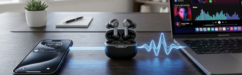 イヤホンはマルチポイント接続によって両方に繋がってはいるが、同時再生ではないイメージ