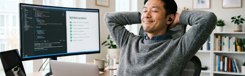 マルチポイントの便利さに気づいて満足げな男性。切り替える手間がなく集中したので仕事も早く終えるというイメージ