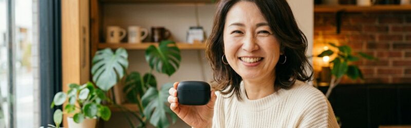 右手にワイヤレスイヤホンをもって笑顔の女性。「マルチポイント接続」のイヤホンに満足した様子