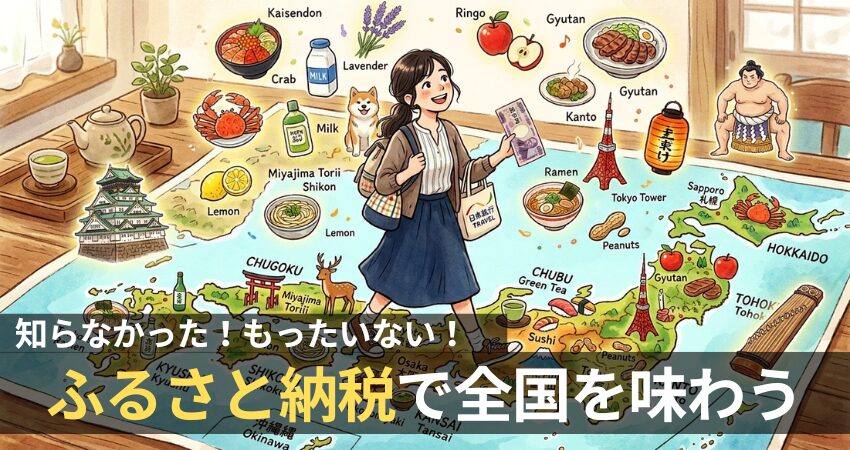 全国の返礼品を楽しめるふるさと納税のイメージイラスト