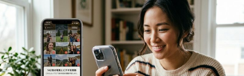 Amazonフォトの仕組みで安全にスマホの容量を空ける女性
