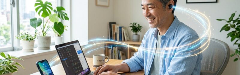 ワイヤレスイヤホンを耳につけた50代フリーランスが、晴れやかな笑顔でノートパソコンに向かってキーボードを叩いている画像。