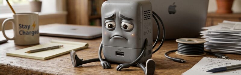 机の上で困ったような表情をして座っている、充電器のキャラクターのイラスト