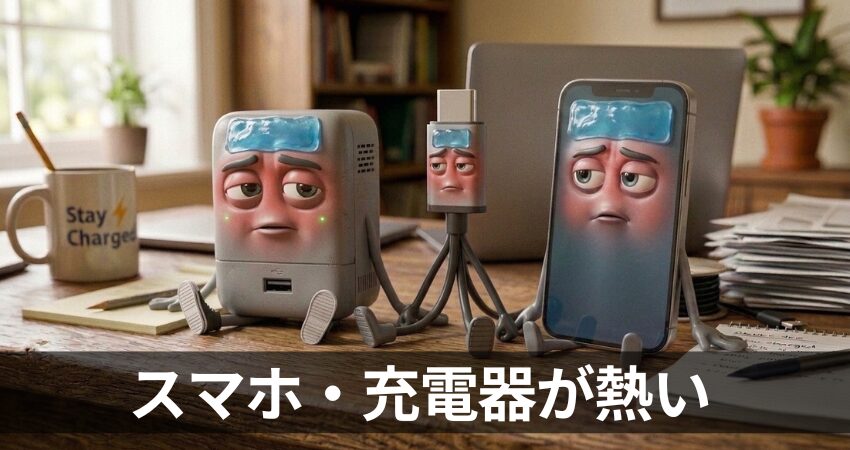 保冷剤を頭に乗せて熱そうにしているスマホと充電器とケーブルのイラスト