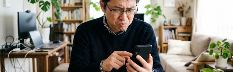 SmartTrack Linkの初期設定に手間取り、設定画面と奮闘する男性