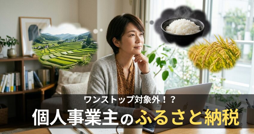 個人事業主のふるさと納税と確定申告の寄附金控除の手順を解説のアイキャッチ。返礼品を思い浮かべる女性。