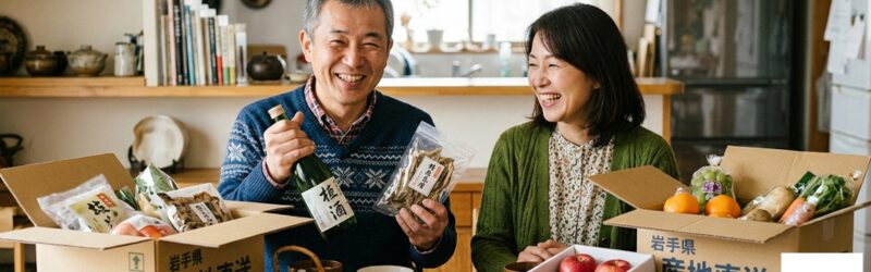 個人事業主の男性が頼んだふるさと納税の返礼品が届いて、妻と喜んでいるイメージ