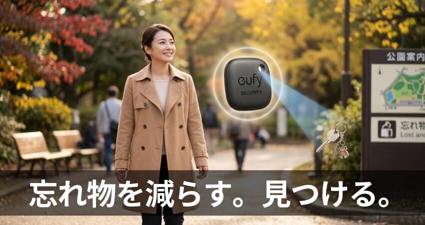 公園を歩く女性とEufy SmartTrack Linkで鍵の位置を特定するイメージ画像「忘れ物を減らす。見つける。」