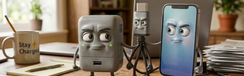 熱対策を上手く取り入れ、健康的な状況を得た充電器・スマホ・ケーブルのキャラクターがやる気になっている様子