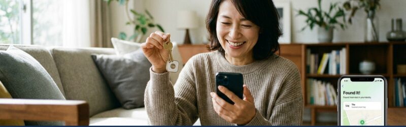 笑顔でスマートフォンの画面を見ながら、ソファのクッションの下から見つかった鍵(スマートタグ付き)を手に取っている。