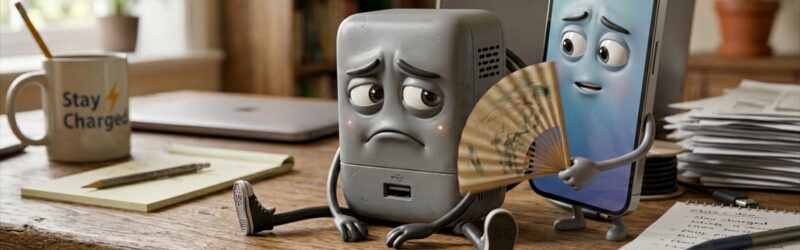 充電器キャラクターをスマホのキャラクターが扇子で扇いで、一生懸命熱を冷まそうとしている。