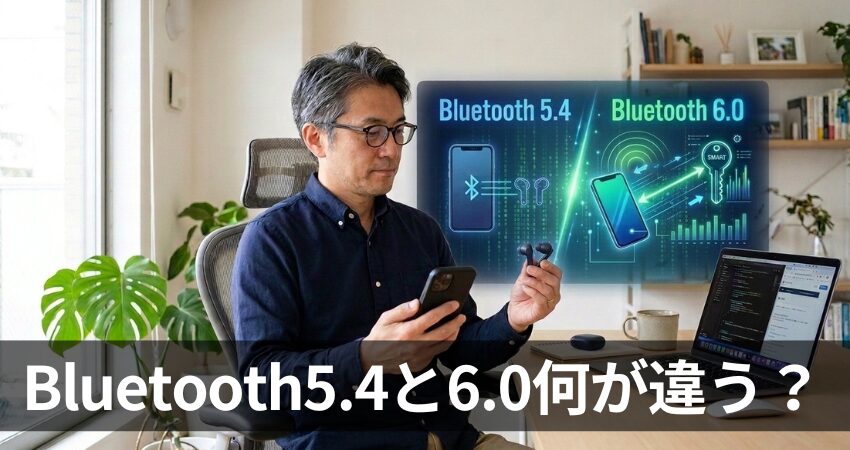 Bluetooth6.0と5.4の違いを比較する在宅ワーカーのイラスト、音を聴くだけなら買い換え不要