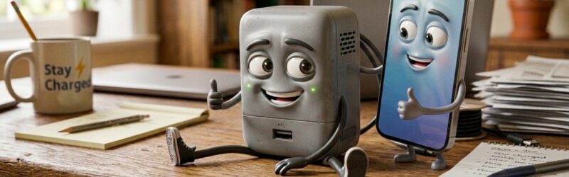 予防法がうまくいき、熱を防げて喜んでいる、充電器とスマホのキャラクター