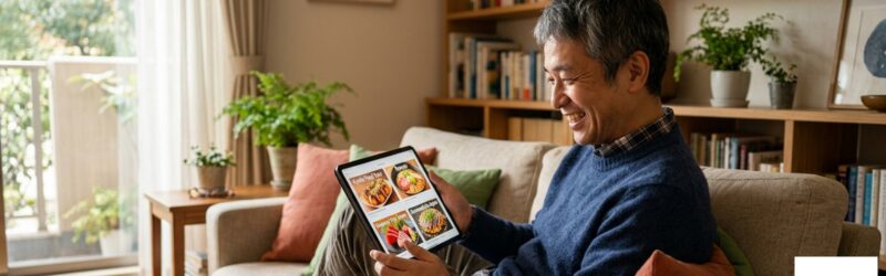 画面を見ながら返礼品の様々な特産品を選んで楽しそうにしている男性
