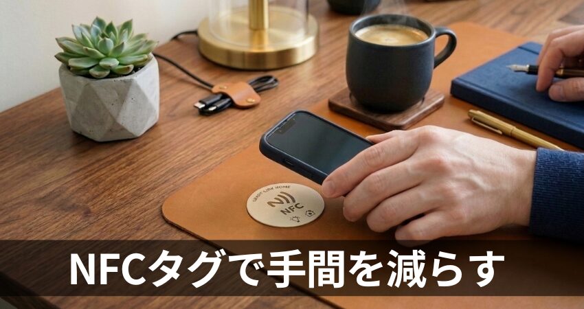 NFCタグが貼られたおしゃれな木製デスクと、白文字の「NFCタグで手間を減らす」というタイトル