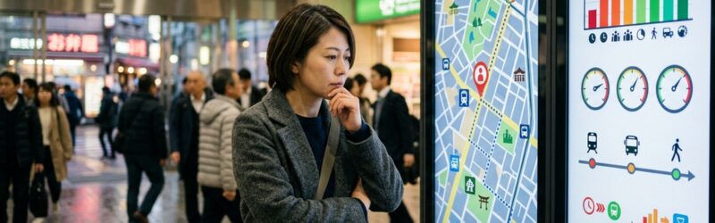 位置情報を知り、地図が表示されている2つの画面。
女性がふと考えている。