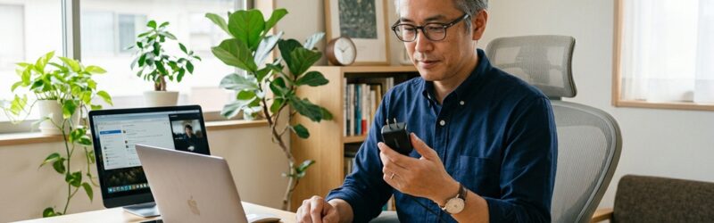 在宅ワークのデスクで、手元にあるスマートフォンの発熱に困っている男性の様子