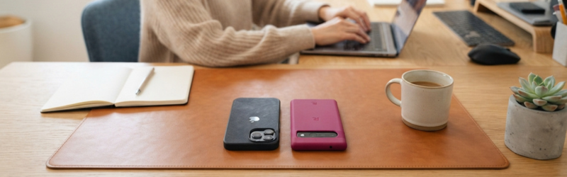 デスクマットの上に「プライベート用」と「マゼンタの小物が添えられた仕事用」の2台のスマホが整然と並んだ写真