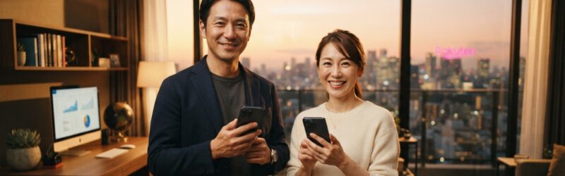 新しいスマホを手に、窓の外の明るい未来を見据えて微笑む夫婦。