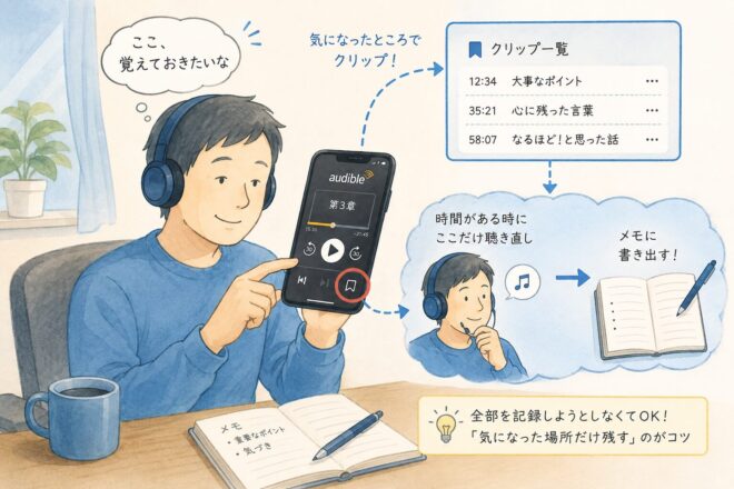 オーディブルのクリップ機能を使って気になる箇所をメモ保存するイメージ画像