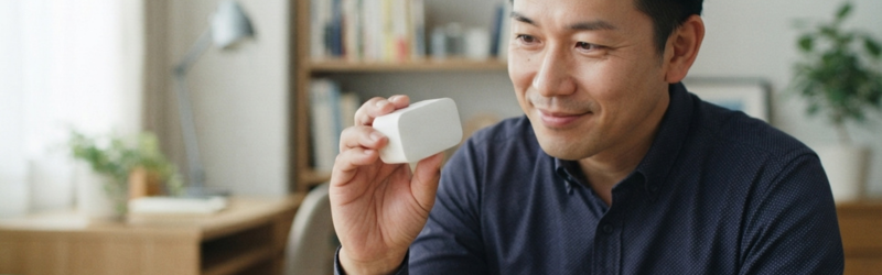 男性がスイッチボット製品を手に取り、何ができるのか楽しみにしている画像