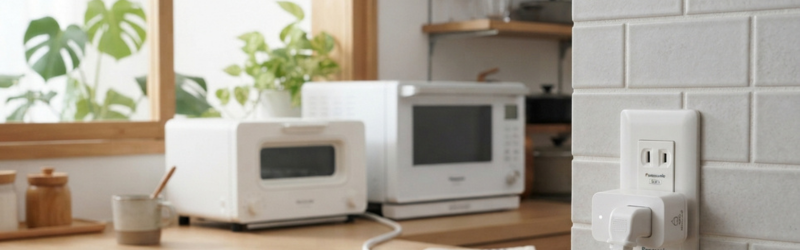 手前にプラグミニがありコンセントに刺さっている。奥には電子レンジ。